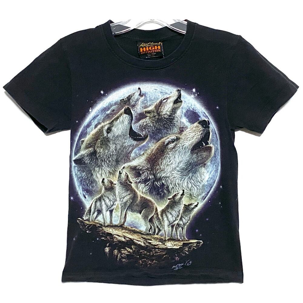 VTG Rock Chang Wolf Howl Moon Shirt Mens XS Double Sided Graphics 90s Y2K Artsy